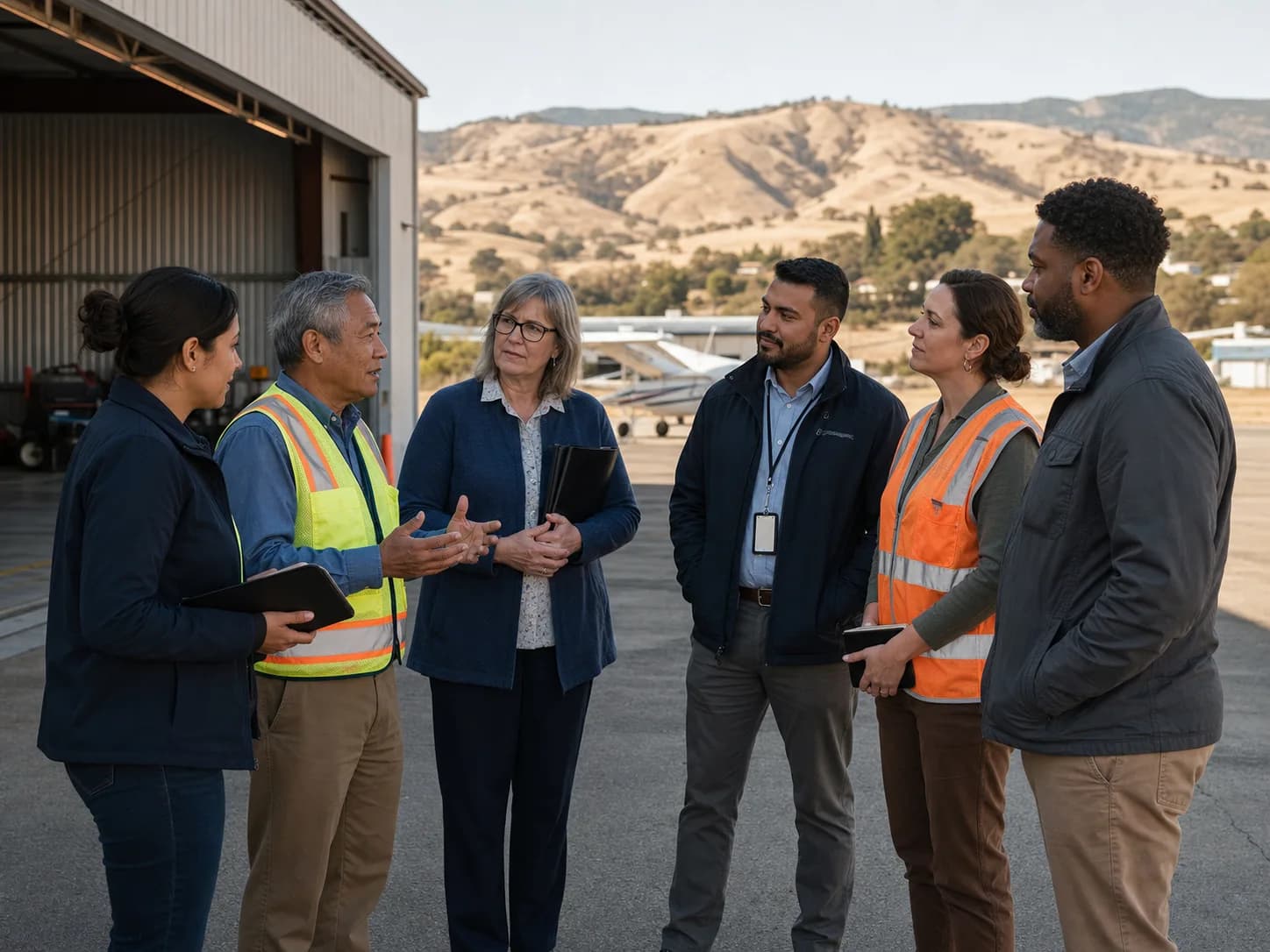 Regional airport leaders discussing airfield operations beside a hangar